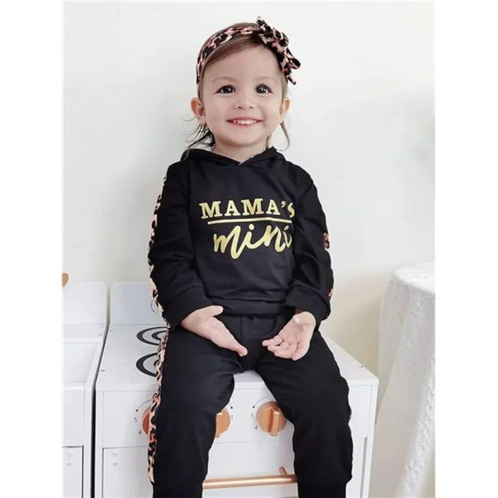 Baby Girls Hoodie Sweatshirt Pants Headband Clothing Set, Black